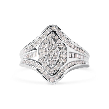 14K White Gold 3/4 Cttw Round and Baguette cut Diamond Cluster Ring (H-I Color, I1-I2 Clarity)  DestGlow