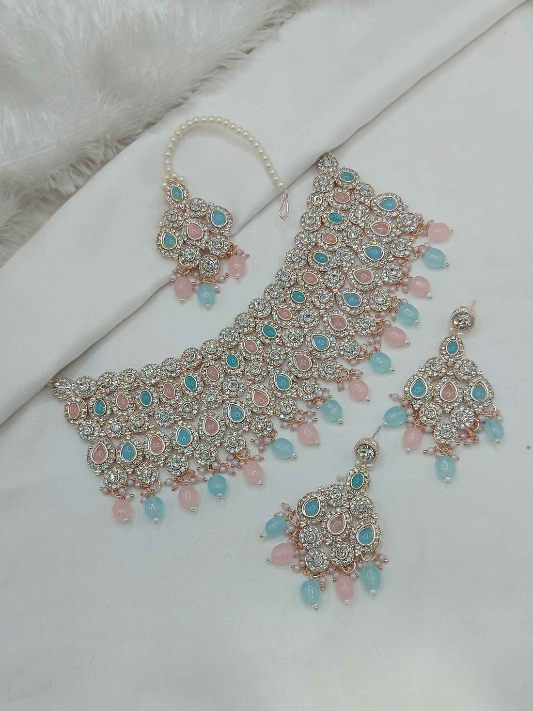 Joban Fashion Pink-Blue Stone Work Necklace Set