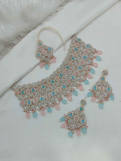 Joban Fashion Pink-Blue Stone Work Necklace Set