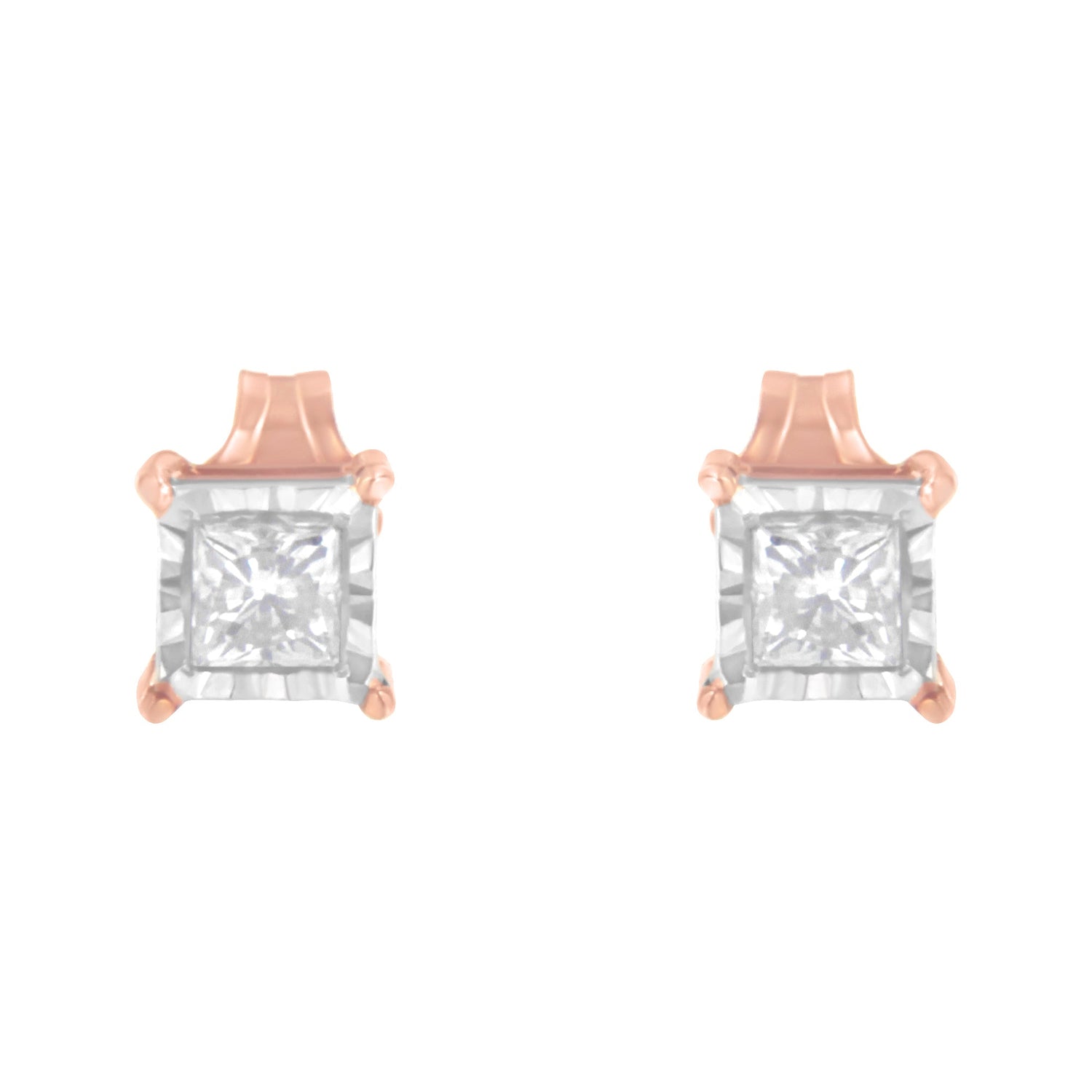14K Rose Gold Plated Two-Tone .925 Sterling Silver 1/2 Cttw Princess-Cut Square Near Colorless Diamond Solitaire Miracle-Plate Stud Earrings (J-K Color, I2-I3 Clarity) by Bids.com