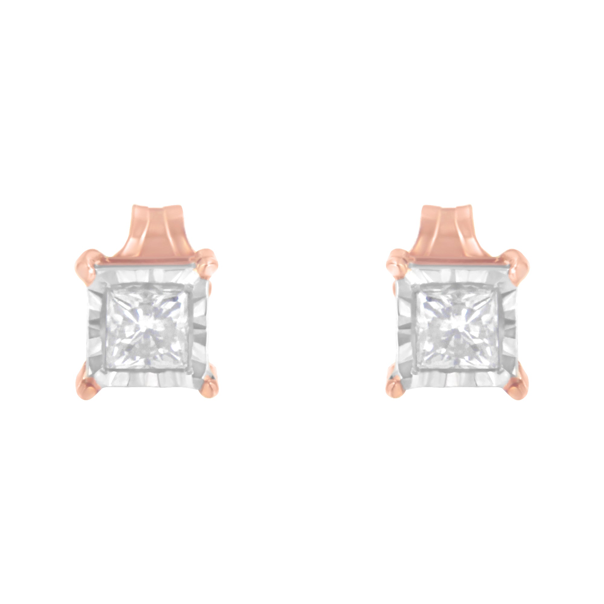 14K Rose Gold Plated Two-Tone .925 Sterling Silver 1/2 Cttw Princess-Cut Square Near Colorless Diamond Solitaire Miracle-Plate Stud Earrings (J-K Color, I2-I3 Clarity) by Bids.com