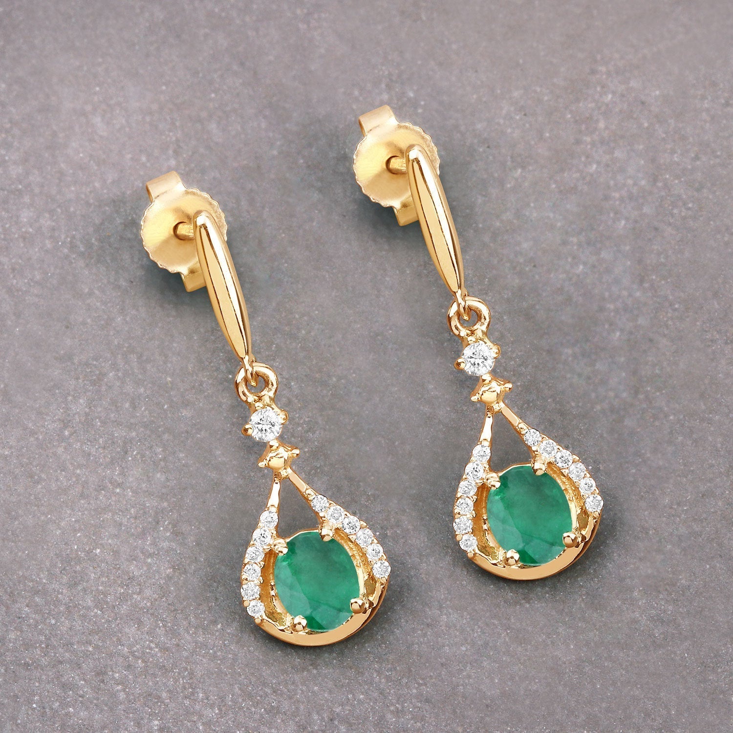0.70 Carat Genuine Zambian Emerald and White Diamond 14K Yellow Gold Earrings  DestGlow