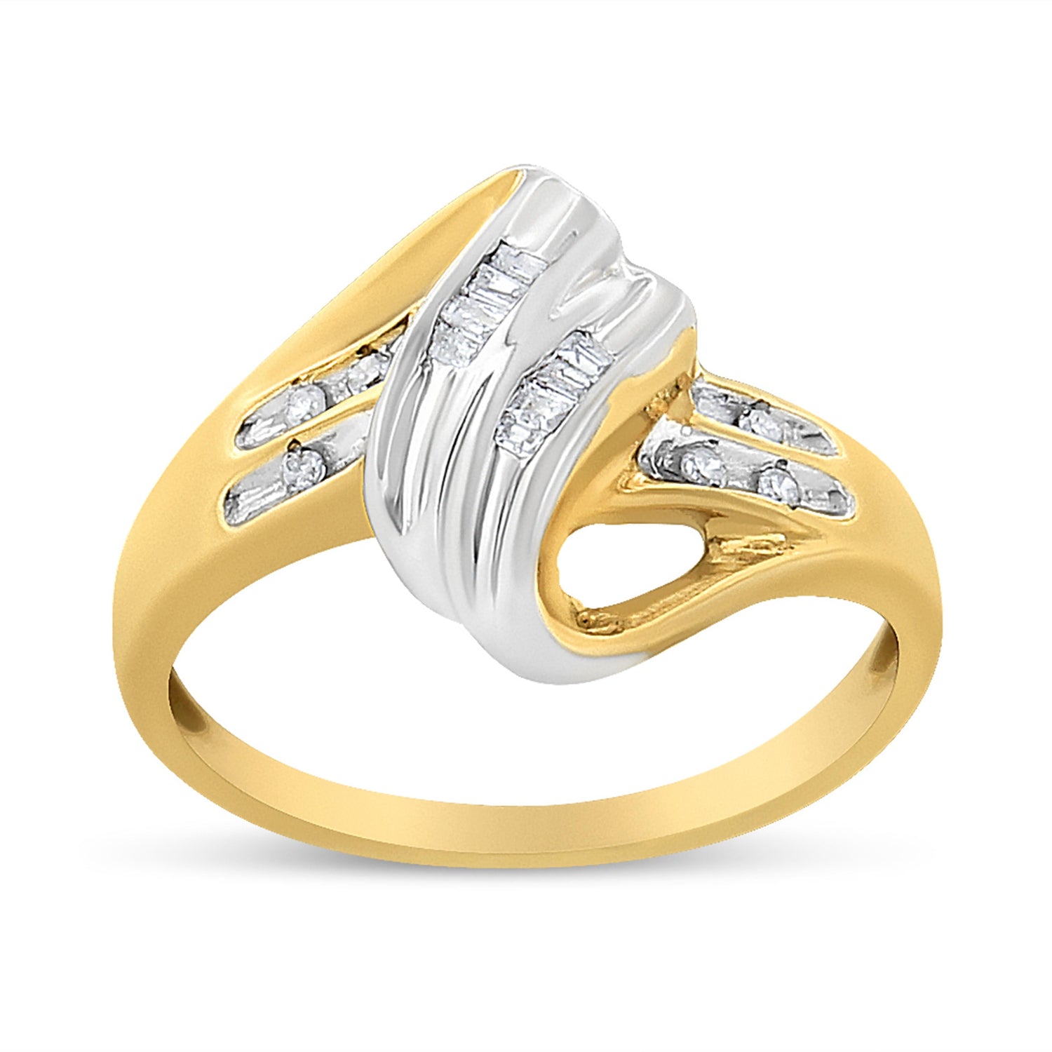 10K Yellow and White Gold 1.00 Cttw Round And Baguette-Cut Diamond Accent Bypass Ring (H-I Color, I2-I3 Clarity) - Ring Size 7 by Bids.com