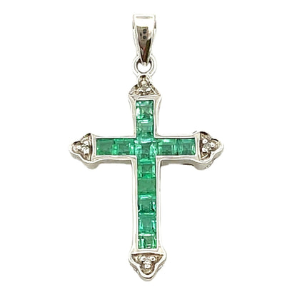 Emerald Diamond Cross Religious Pendant 10KT White Gold by Bids.com