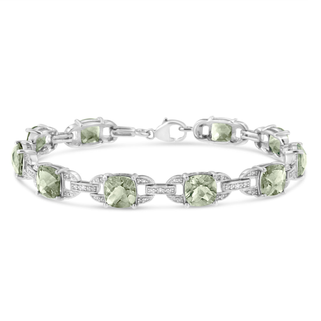 .925 Sterling Silver 7x7 mm Cushion Cut Green Amethyst and 1/20 cttw Round Cut Diamond Fashion Tennis Bracelet (I-J Color, I1-I2 Clarity) - 7"  DestGlow
