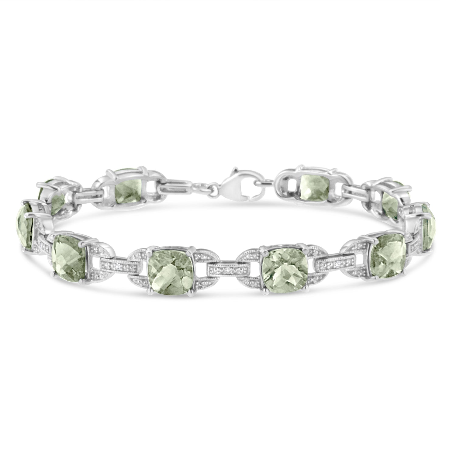 .925 Sterling Silver 7x7 mm Cushion Cut Green Amethyst and 1/20 cttw Round Cut Diamond Fashion Tennis Bracelet (I-J Color, I1-I2 Clarity) - 7"  DestGlow
