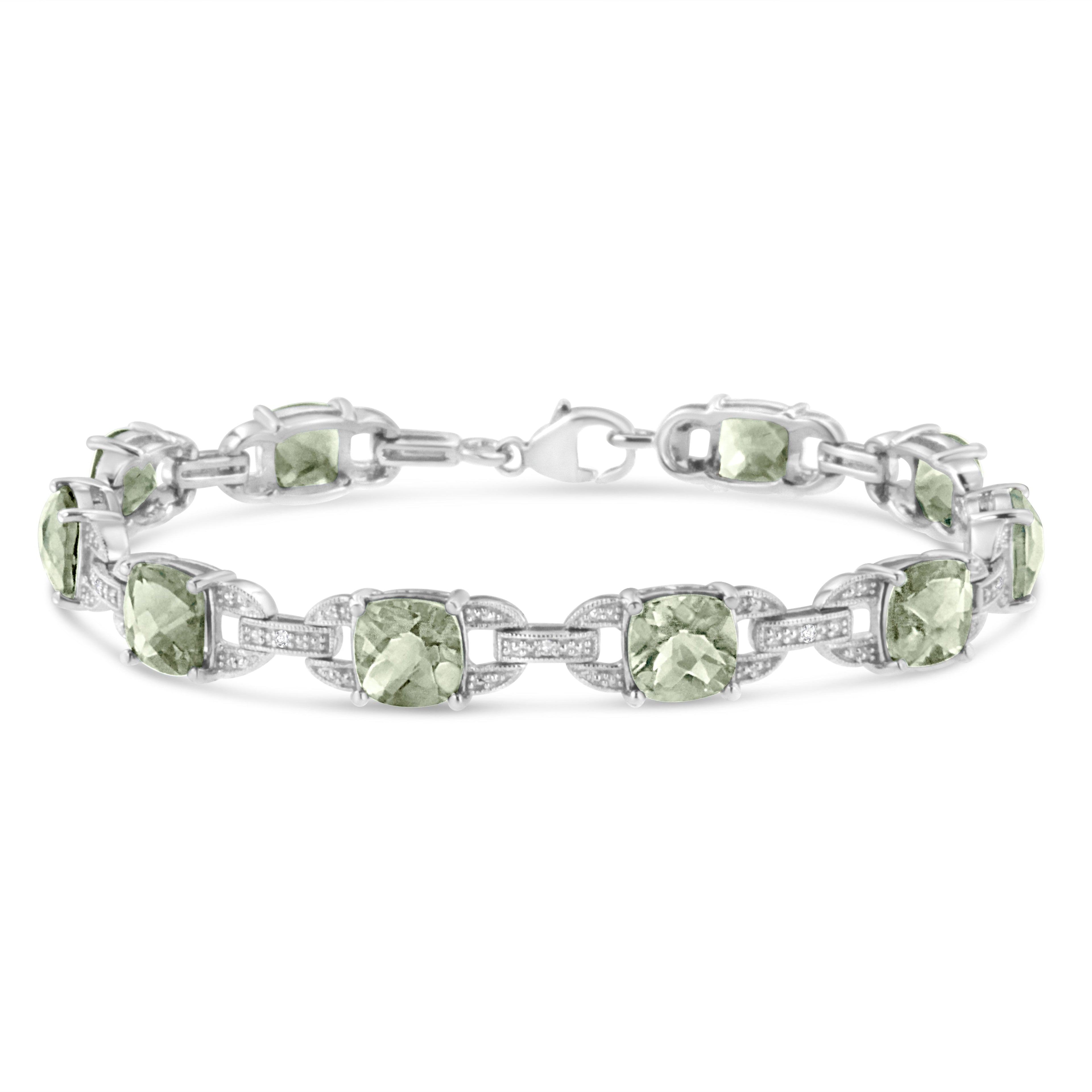 .925 Sterling Silver 7x7 mm Cushion Cut Green Amethyst and 1/20 cttw Round Cut Diamond Fashion Tennis Bracelet (I-J Color, I1-I2 Clarity) - 7"  DestGlow
