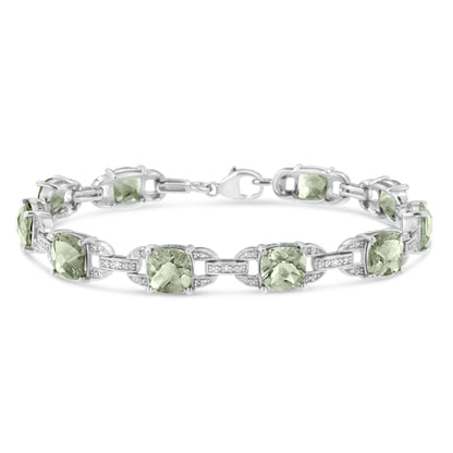 .925 Sterling Silver 7x7 mm Cushion Cut Green Amethyst and 1/20 cttw Round Cut Diamond Fashion Tennis Bracelet (I-J Color, I1-I2 Clarity) - 7"  DestGlow