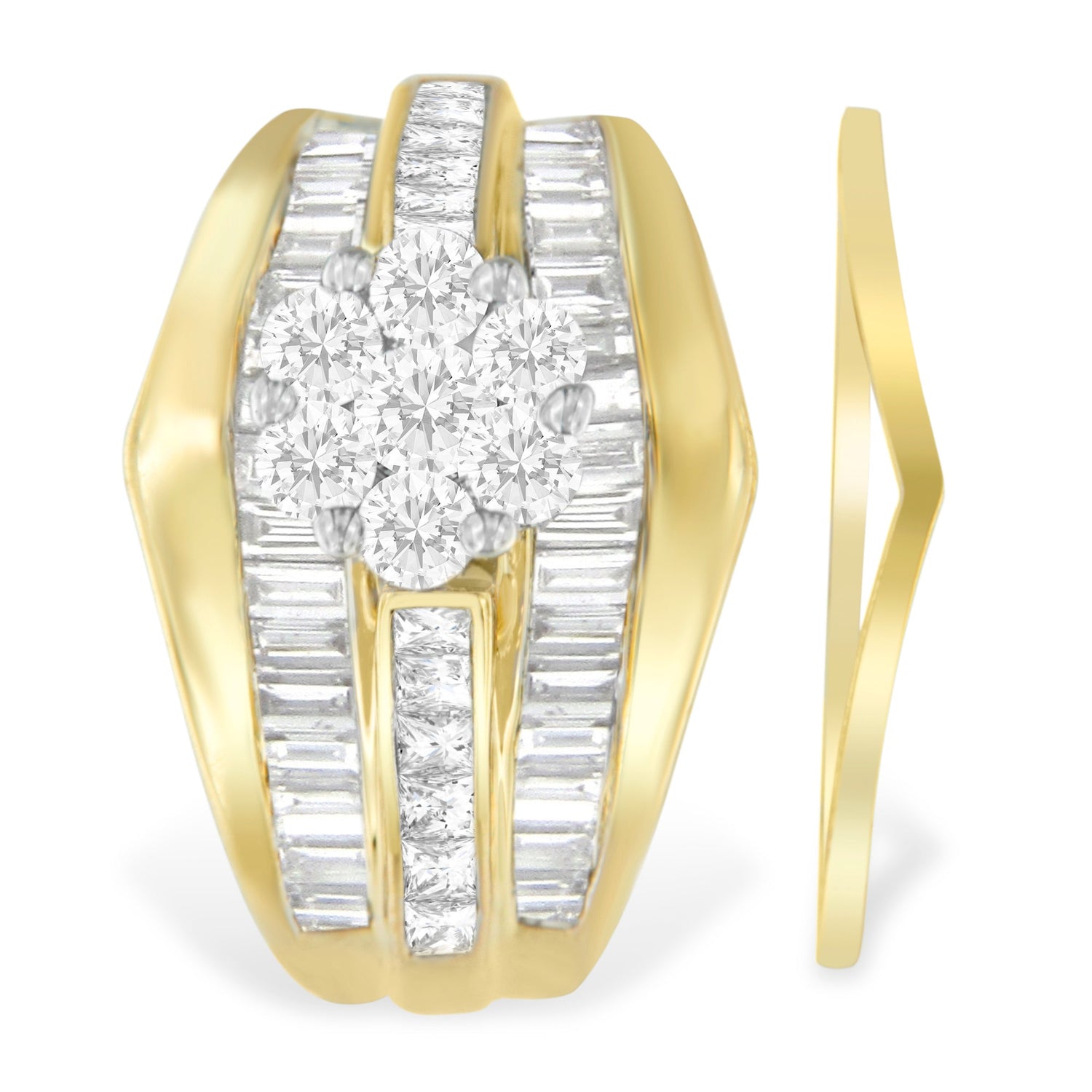 14K Yellow Gold 2-1/3 Cttw Diamond Cluster Channel Set Chevron Shaped Band Engagement Ring &amp; Wedding Band Set