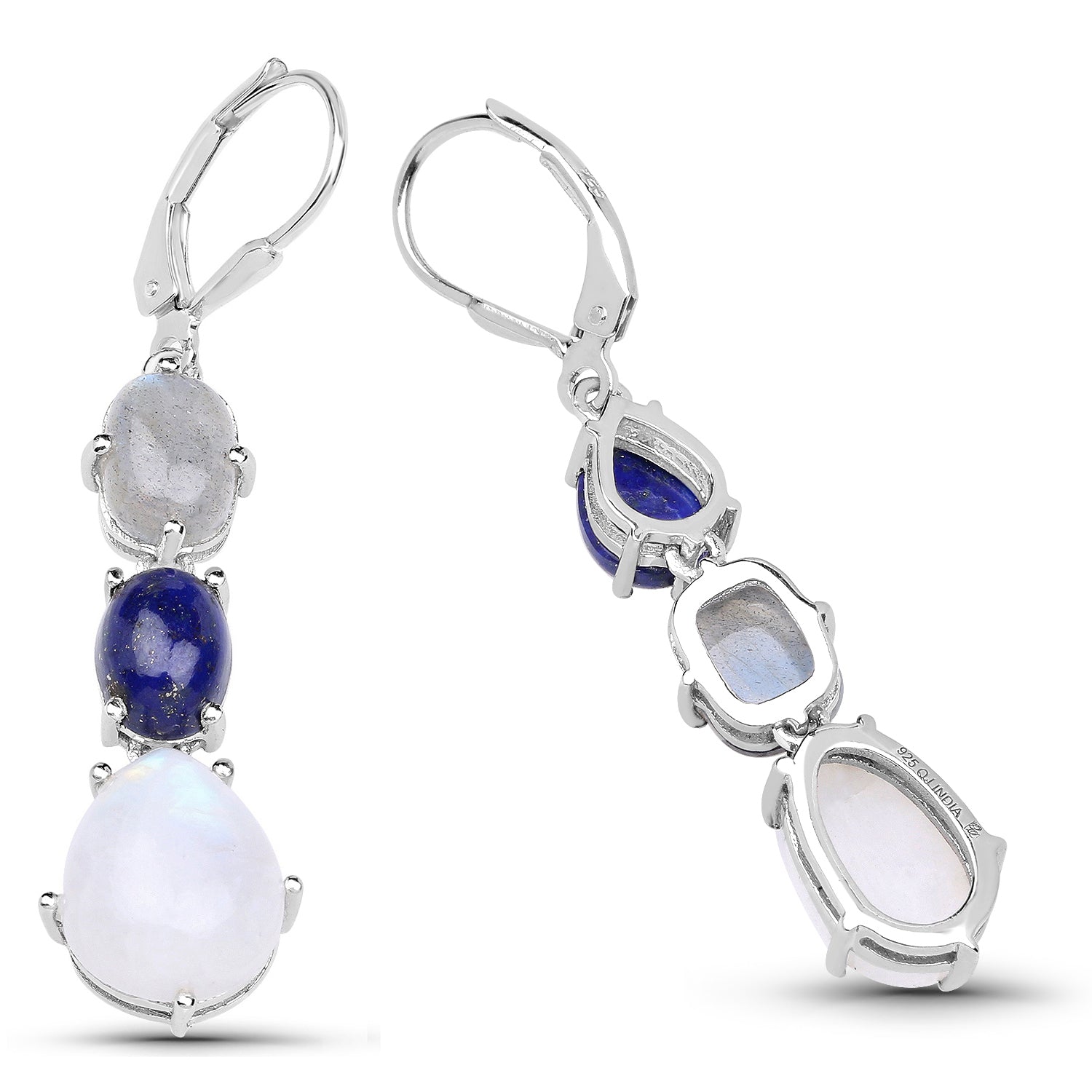 10.17 Carat Genuine Lapis, Labradorite and White Rainbow Moonstone .925 Sterling Silver Earrings by Bids.com