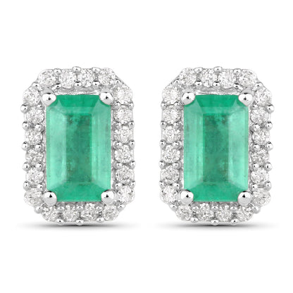 0.91 Carat Genuine Zambian Emerald and White Diamond 14K White Gold Earrings by Bids.com