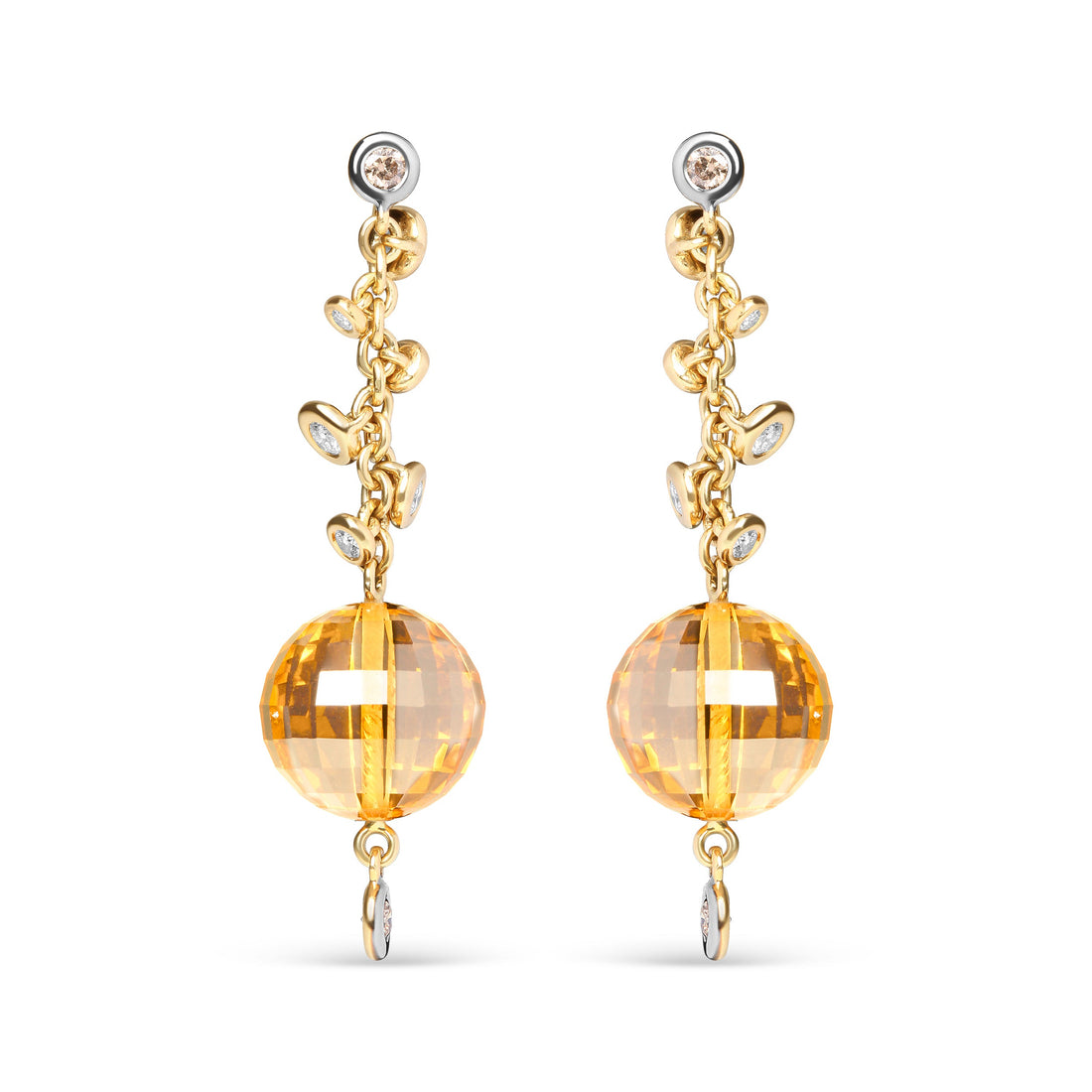 18K Yellow Gold 2/3 Cttw Round Bezel Diamond and 25mm Ball Shaped Yellow Citrine Gemstone Dangle Stud Earring (Brown and G-H Color, SI1-SI2 Clarity) - DestGlow