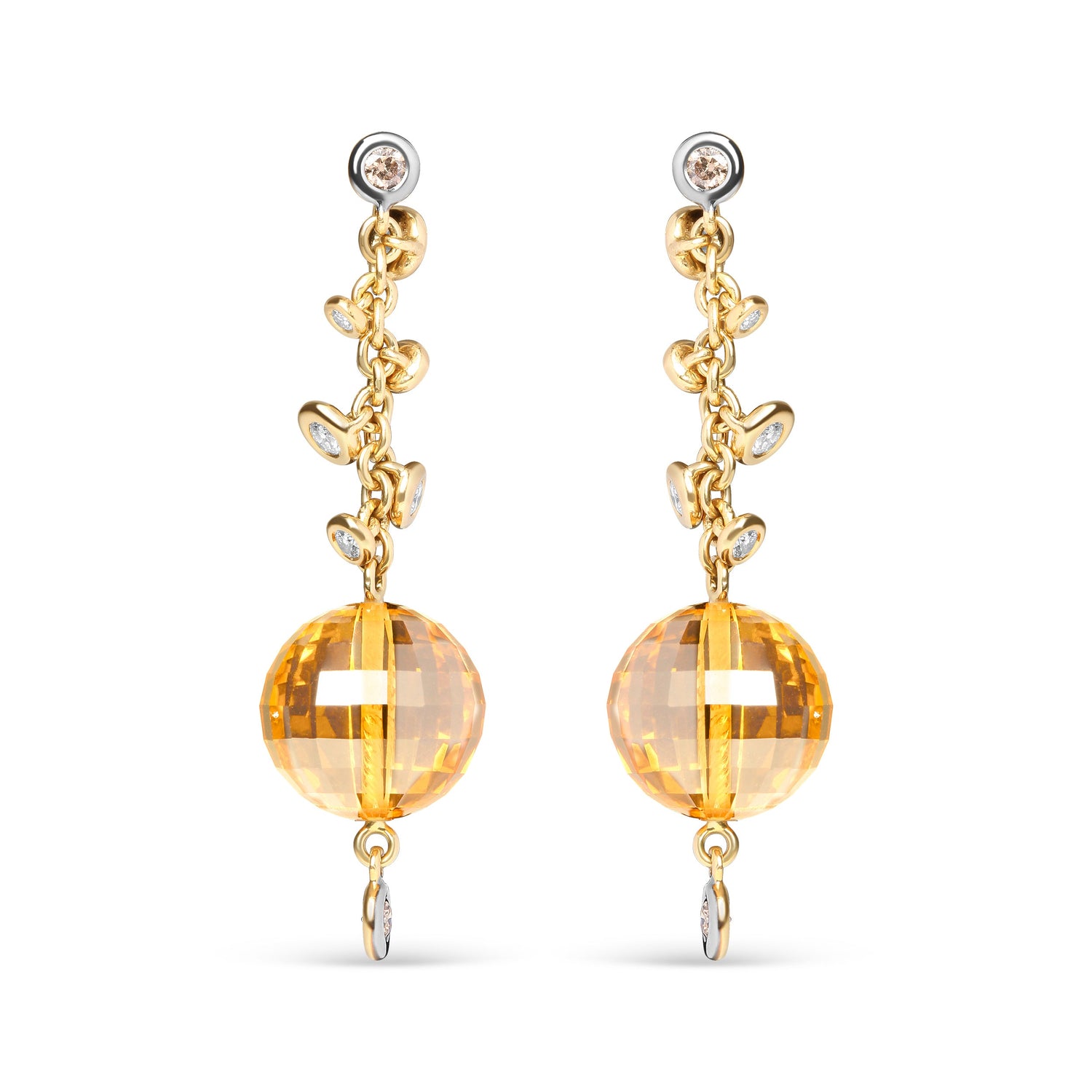 18K Yellow Gold 2/3 Cttw Round Bezel Diamond and 25mm Ball Shaped Yellow Citrine Gemstone Dangle Stud Earring (Brown and G-H Color, SI1-SI2 Clarity)