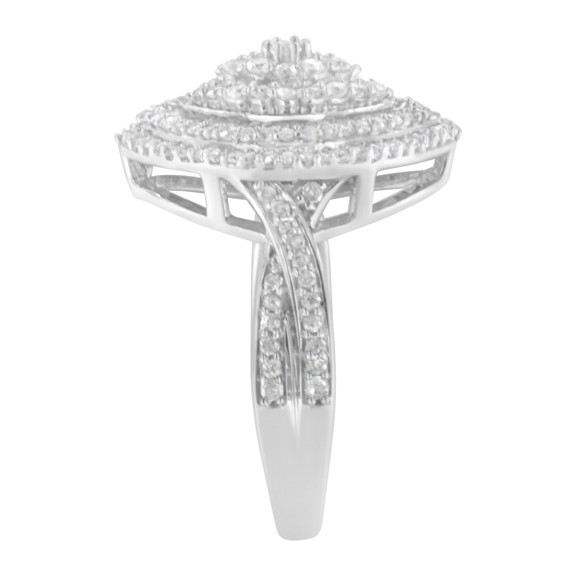 .925 Sterling Silver 1.0 Cttw Round &amp; Baguette-Cut Diamond Marquise-Shaped Cluster Triple Stepped Halo Cocktail Fashion Ring (I-J Color, I2-I3 Clarity) - Size 7 by Bids.com