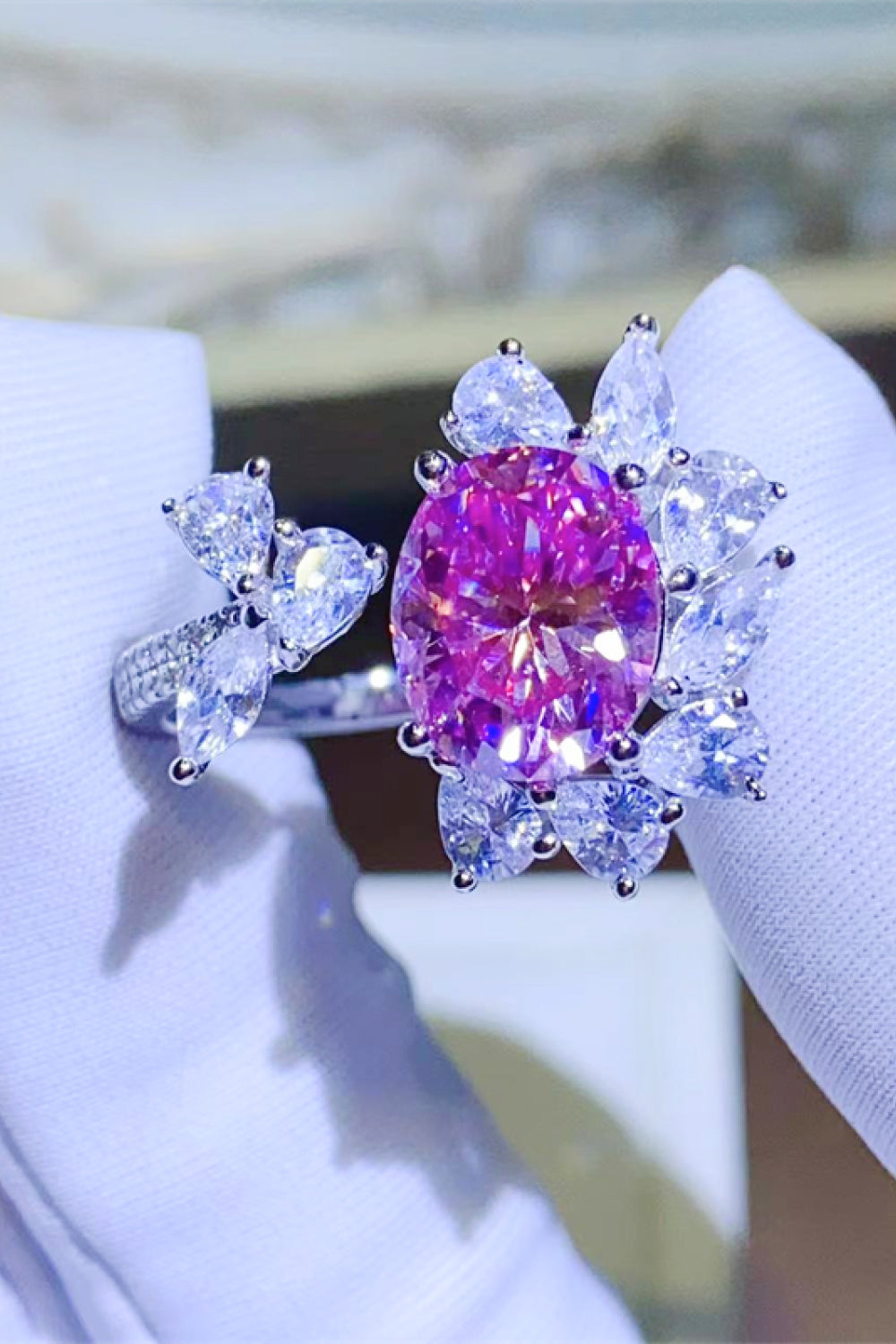 3 Carat Pink Oval-Cut Sparkala™ Platinum Over Pure Sterling Silver Open Ring by Sparkala