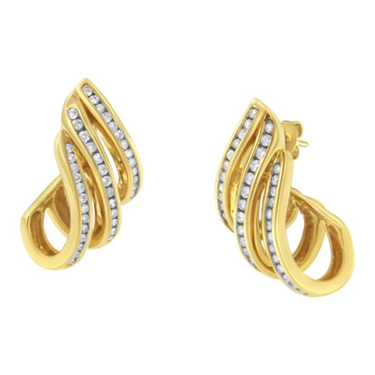 10K Yellow Gold 1.0 Cttw Round Brilliant Cut Diamond Spiral Multi Row Channel Set Open Hoop Pushback Stud Earrings (H-I Color, I1-I2 Clarity) by Bids.com