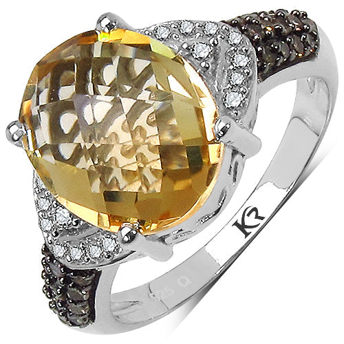 4.69 Carat Genuine Citrine, Champagne Diamond &amp; White Diamond .925 Sterling Silver Ring by Bids.com
