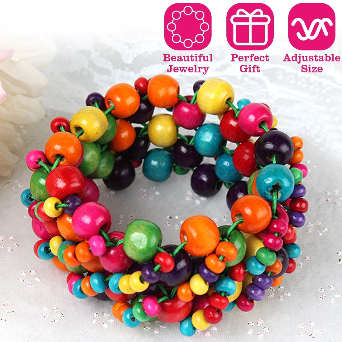 Multi-Color Wooden Beaded Stretchy Bracelet Colorful Exotic Style Elastic Bracelets For Women Girls Children 