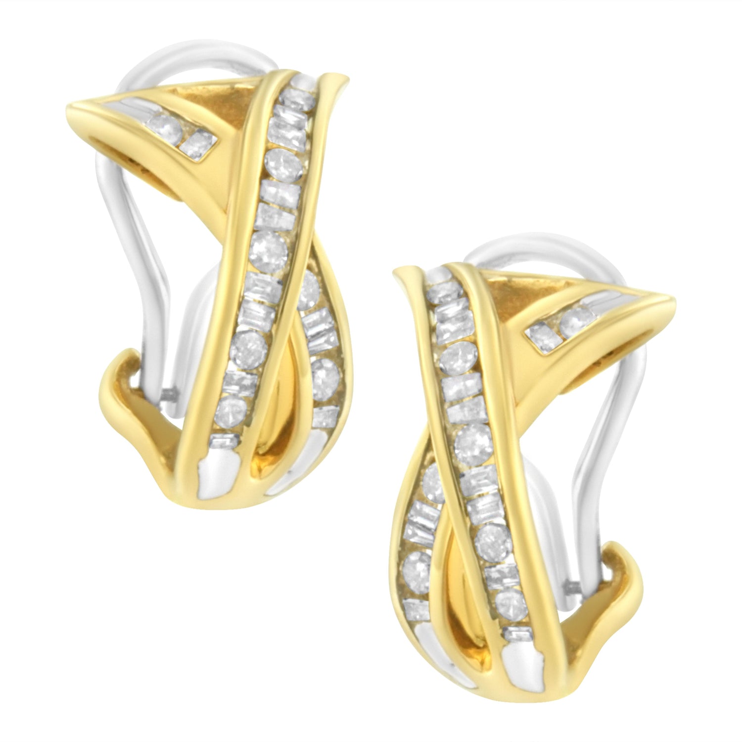 14K Yellow and White Gold 1/2 TDW "X" Shape Cross Over Diamond Hoop Earrings (I-J, I2-I3) by Bids.com
