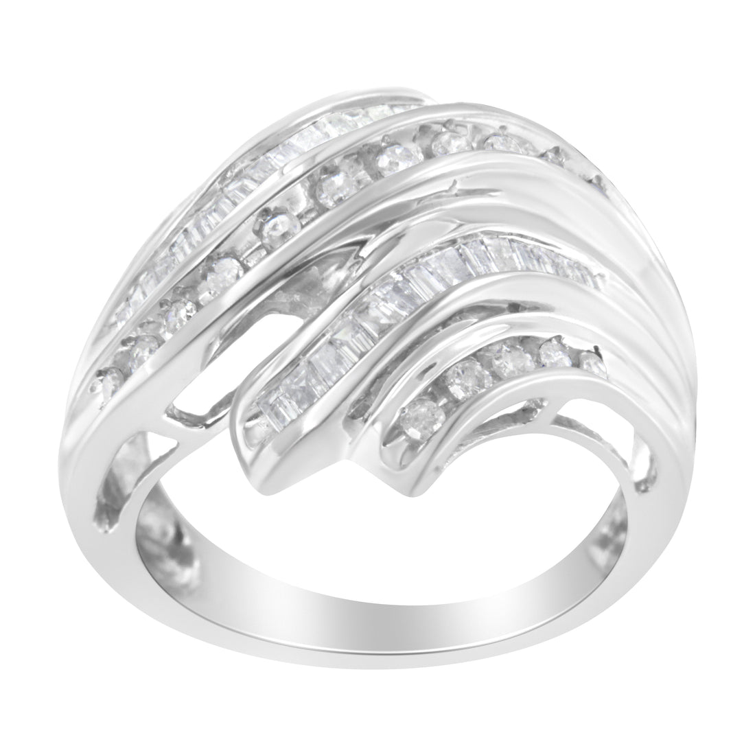 10K White Gold Round and Baguette Cut Diamond Channel Ring (3/4 Cttw, H-I Color, SI2-I1 Clarity) - Size 7 by Bids.com