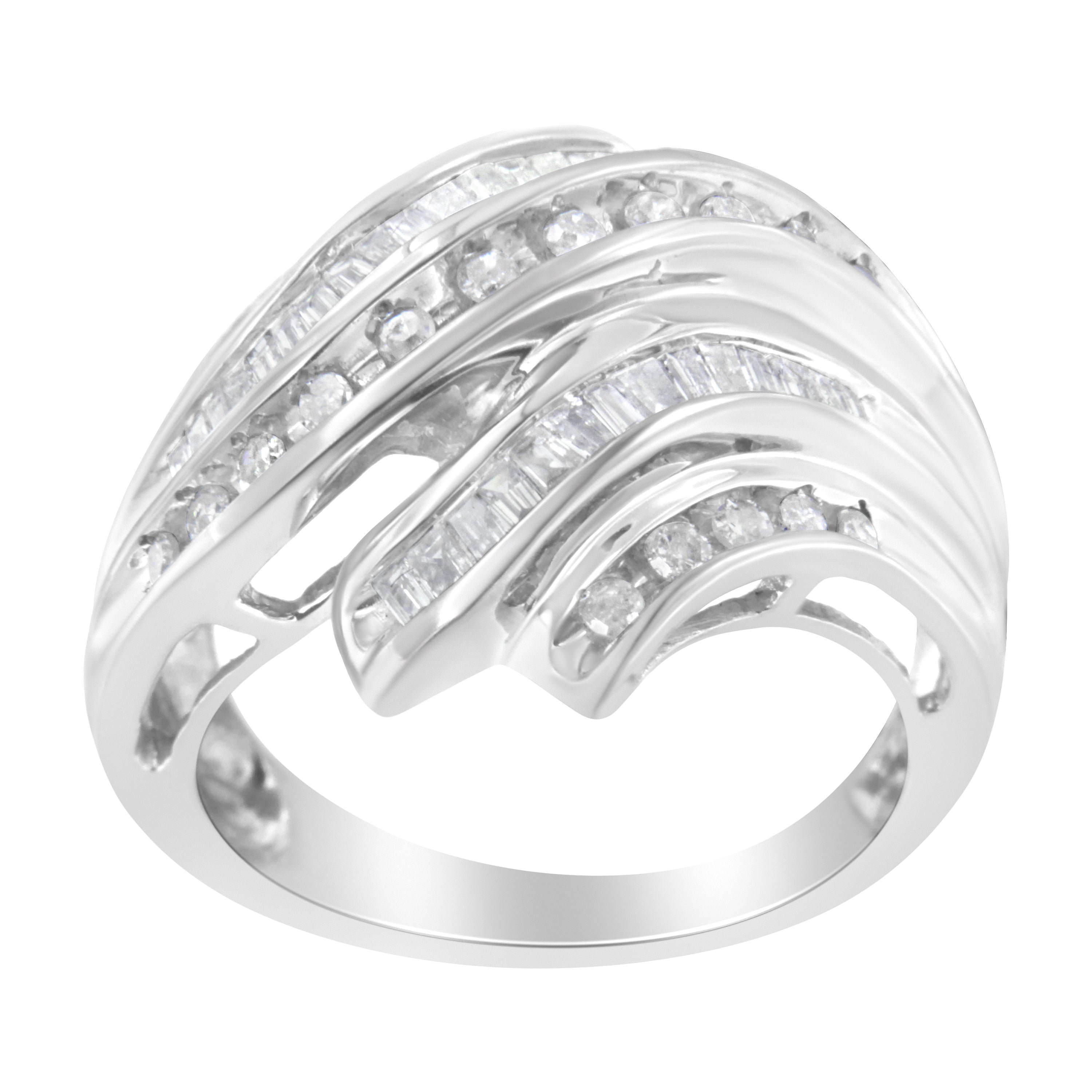 10K White Gold Round and Baguette Cut Diamond Channel Ring (3/4 Cttw, H-I Color, SI2-I1 Clarity) - Size 7 by Bids.com