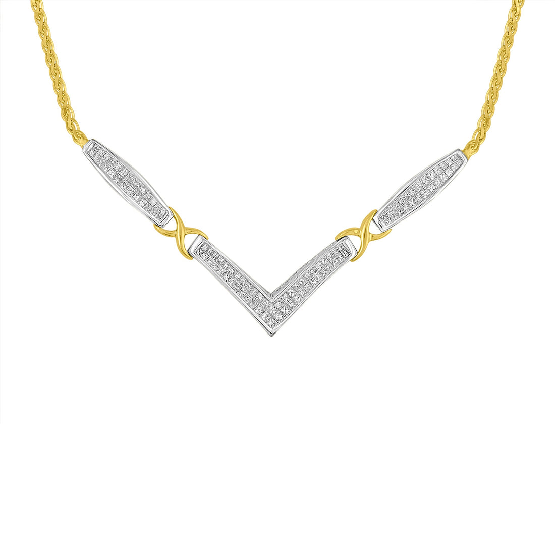 14K Yellow and White Gold 2.0 Cttw Princess Cut Diamond Flared and X-Station V Shaped 18â€ Franco Chain Statement Necklace (H-I Color, SI2-I1 Clarity) by Bids.com