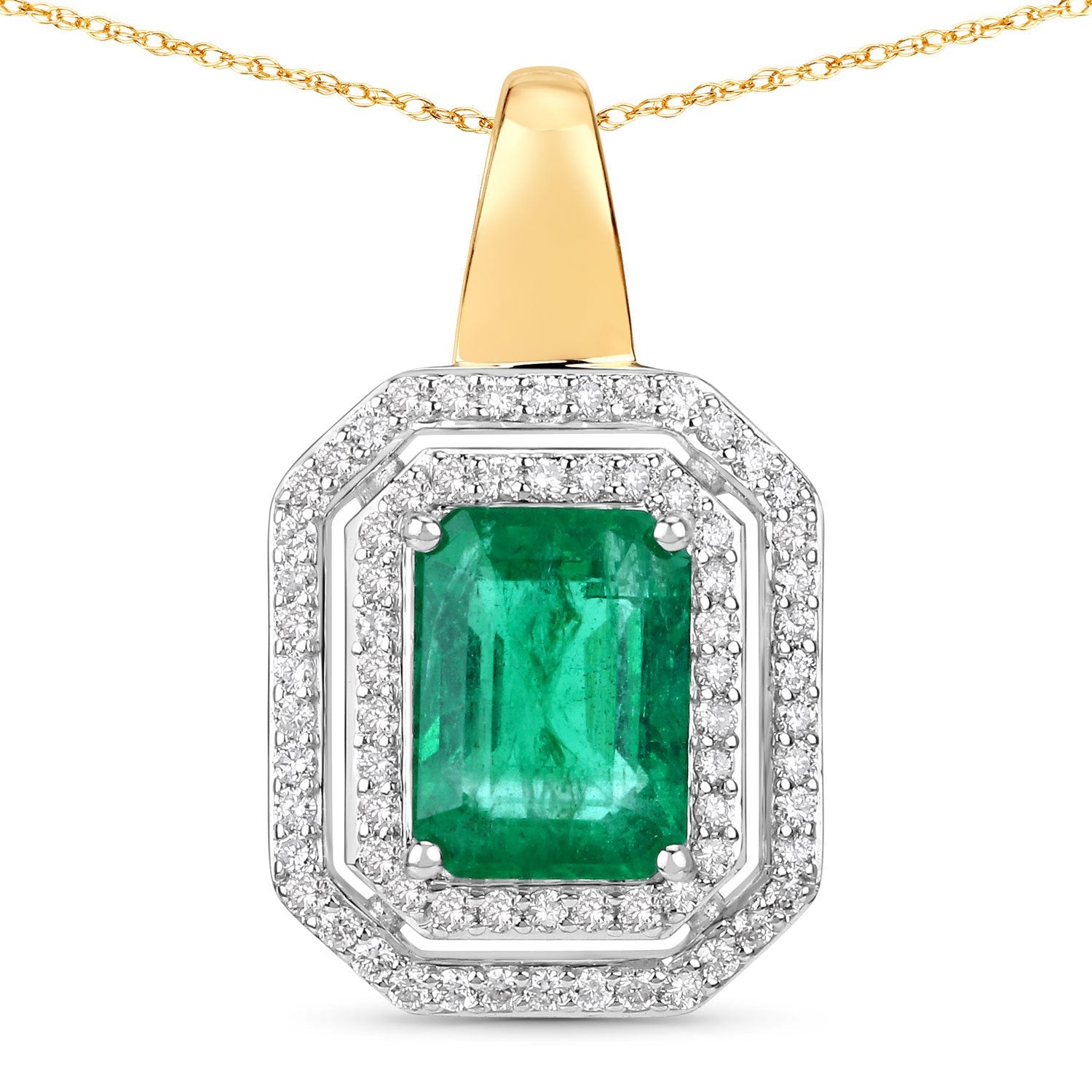 IGI Certified 2.37 Carat Genuine Zambian Emerald and White Diamond 14K Yellow &amp; White Gold Pendant