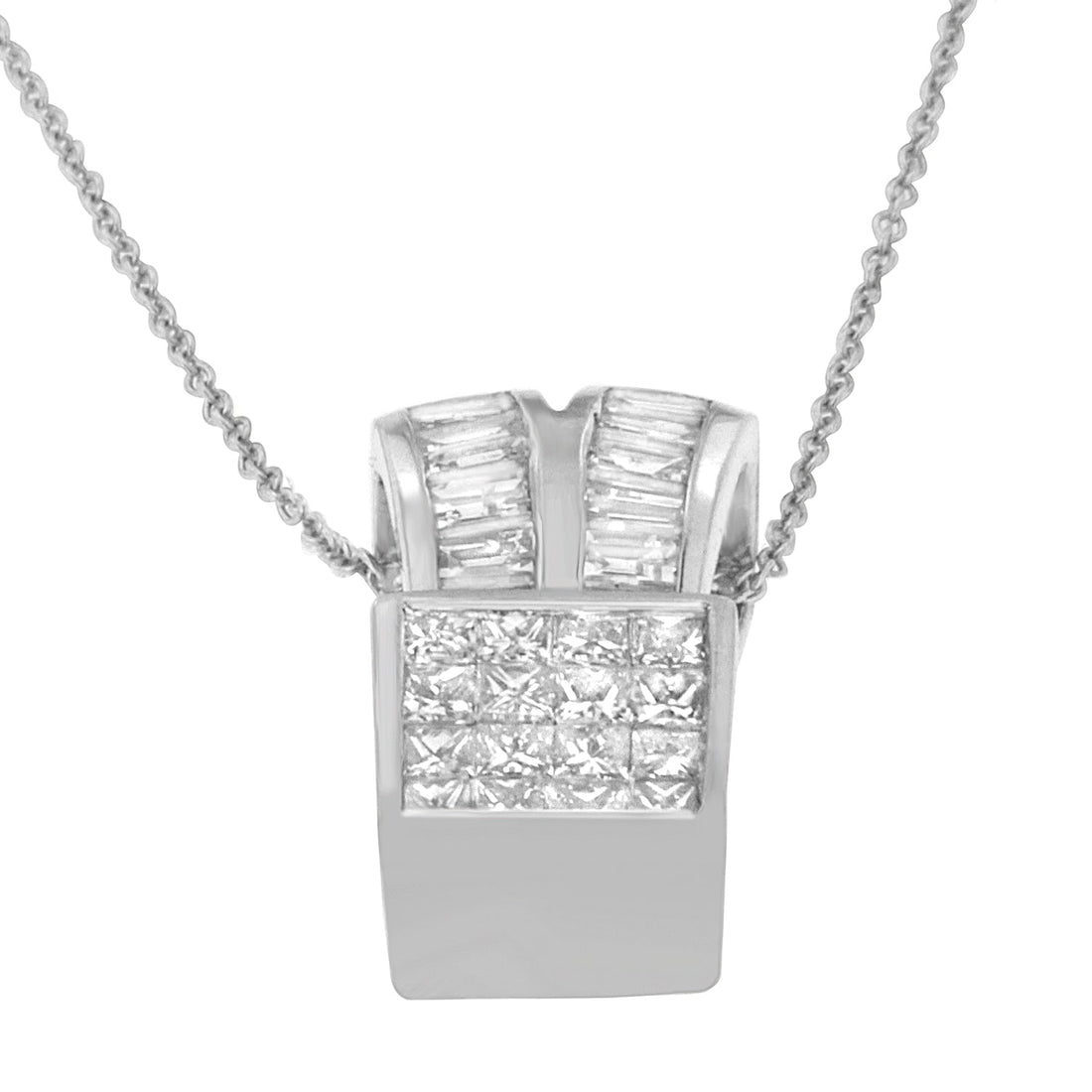 14K White Gold 1 5/8 cttw Princess and Baguette Cut Diamond Heart Ribbon Pendant Necklace (G-H, VS1-VS2) - DestGlow