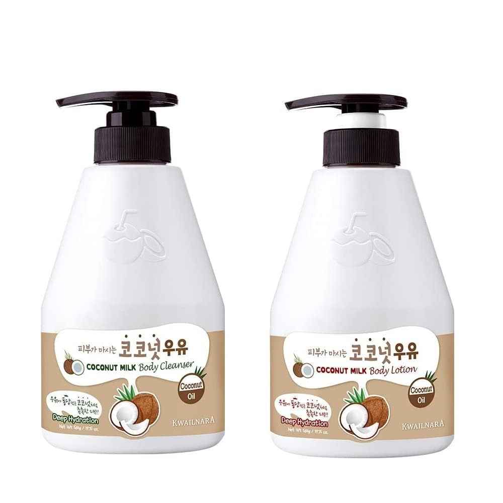 Kwailnara Coconut Milk Body Lotion &amp; Body Wash Set – Deeply Hydrating &amp; Refreshing Korean Skincare Set with Coconut Extract, 560G / 19.75Oz Each