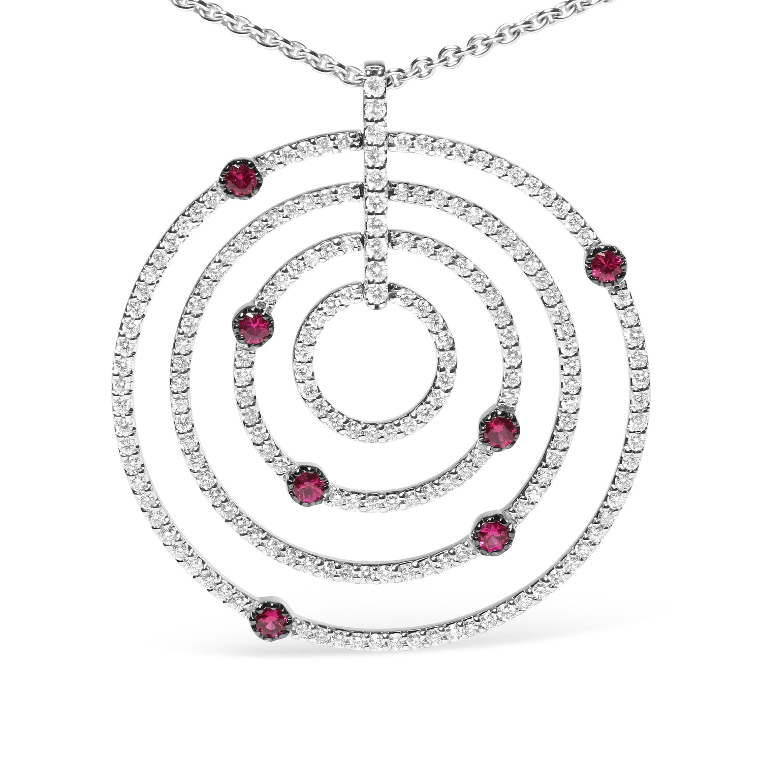 18K White Gold 2 1/6 Cttw Pave Set Diamonds and Red Ruby Openwork Circles 18" Pendant Necklace (G-H Color, SI2-I1 Clarity) - Adjustable up to 16" - 18" by Bids.com