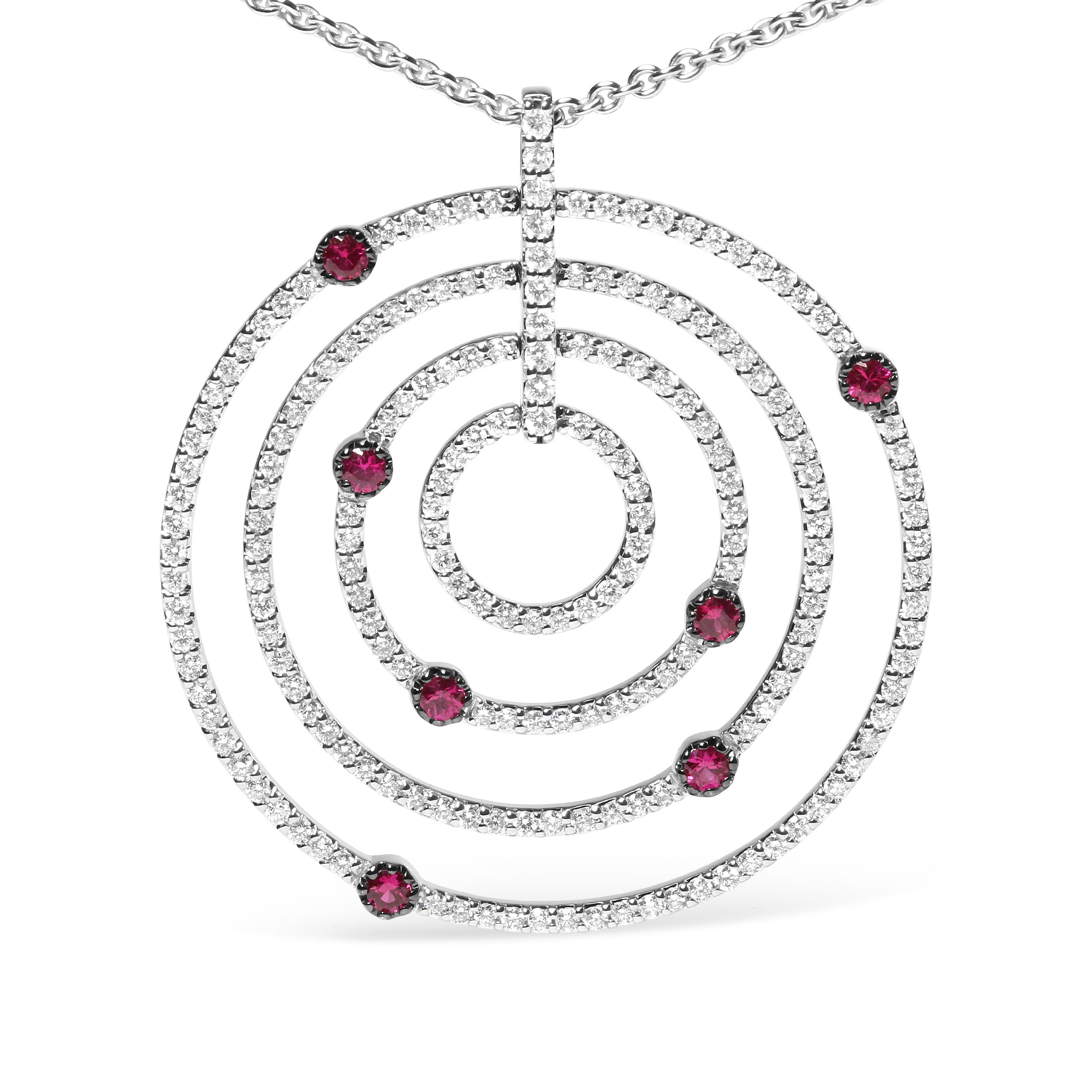 18K White Gold 2 1/6 Cttw Pave Set Diamonds and Red Ruby Openwork Circles 18" Pendant Necklace (G-H Color, SI2-I1 Clarity) - Adjustable up to 16" - 18" by Bids.com