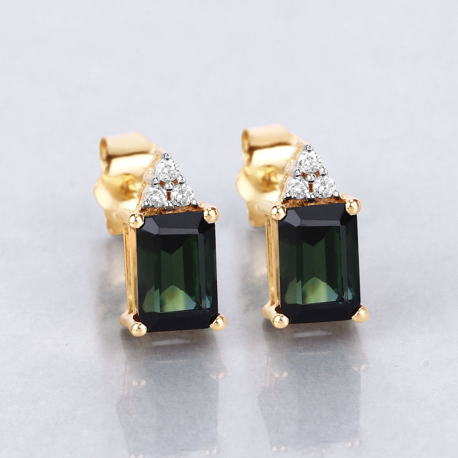 1.25 Carat Genuine Green Tourmaline and White Diamond 14K Yellow Gold Earrings  DestGlow