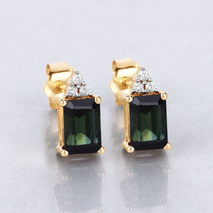1.25 Carat Genuine Green Tourmaline and White Diamond 14K Yellow Gold Earrings  DestGlow