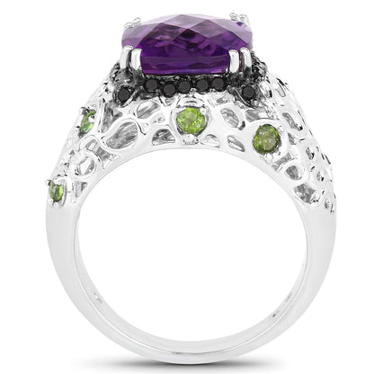 3.27 Carat Genuine Amethyst, Chrome Diopside &amp; Black Diamond .925 Sterling Silver Ring by Bids.com