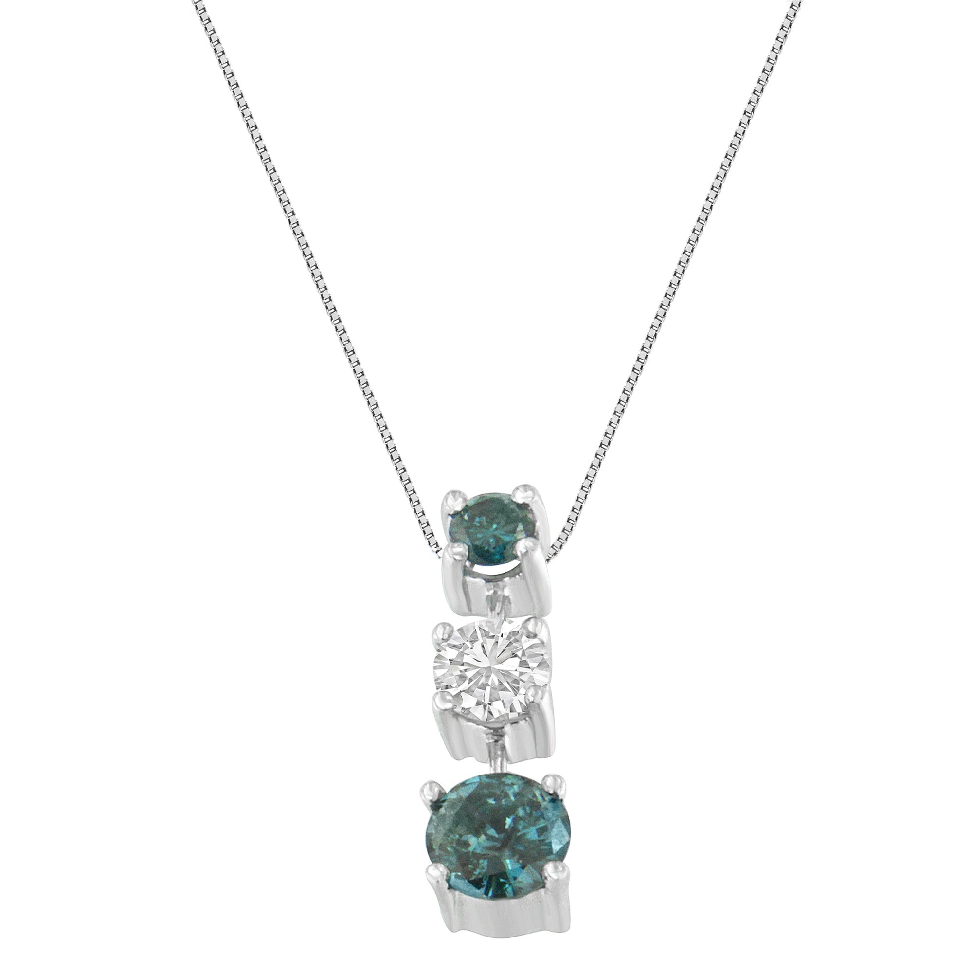 14K White Gold 1 1/2 Cttw Treated Blue and White Diamond 3-Stone 18" Pendant Necklace (Blue/H-I Color, I1-I2 Clarity) by Bids.com