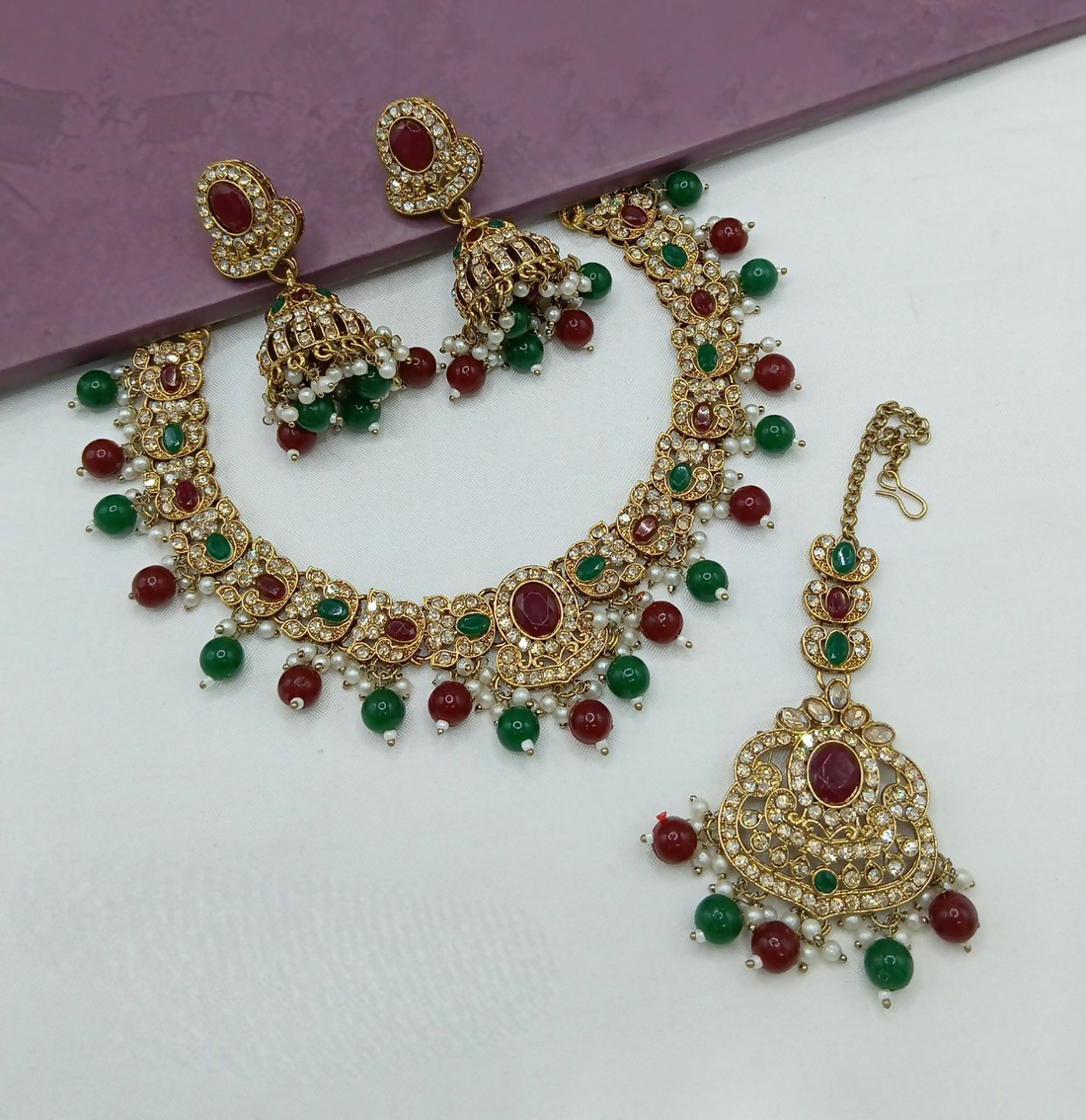 Joban Fashion Maroon-Green Stone Work Necklace Set
