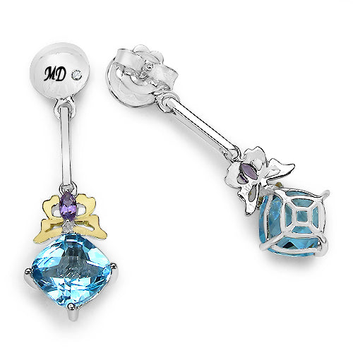 5.55 Carat Genuine Blue Topaz, Amethyst &amp; White Diamond .925 Sterling Silver Earrings by Bids.com