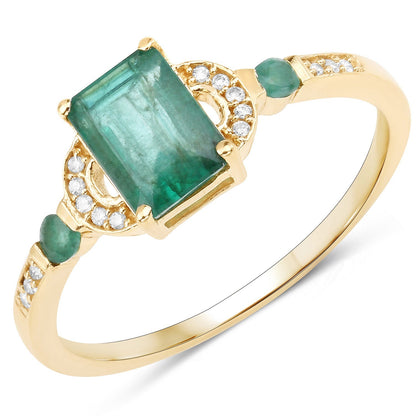 1.07 Carat Genuine Zambian Emerald and White Diamond 14K Yellow Gold Ring  DestGlow