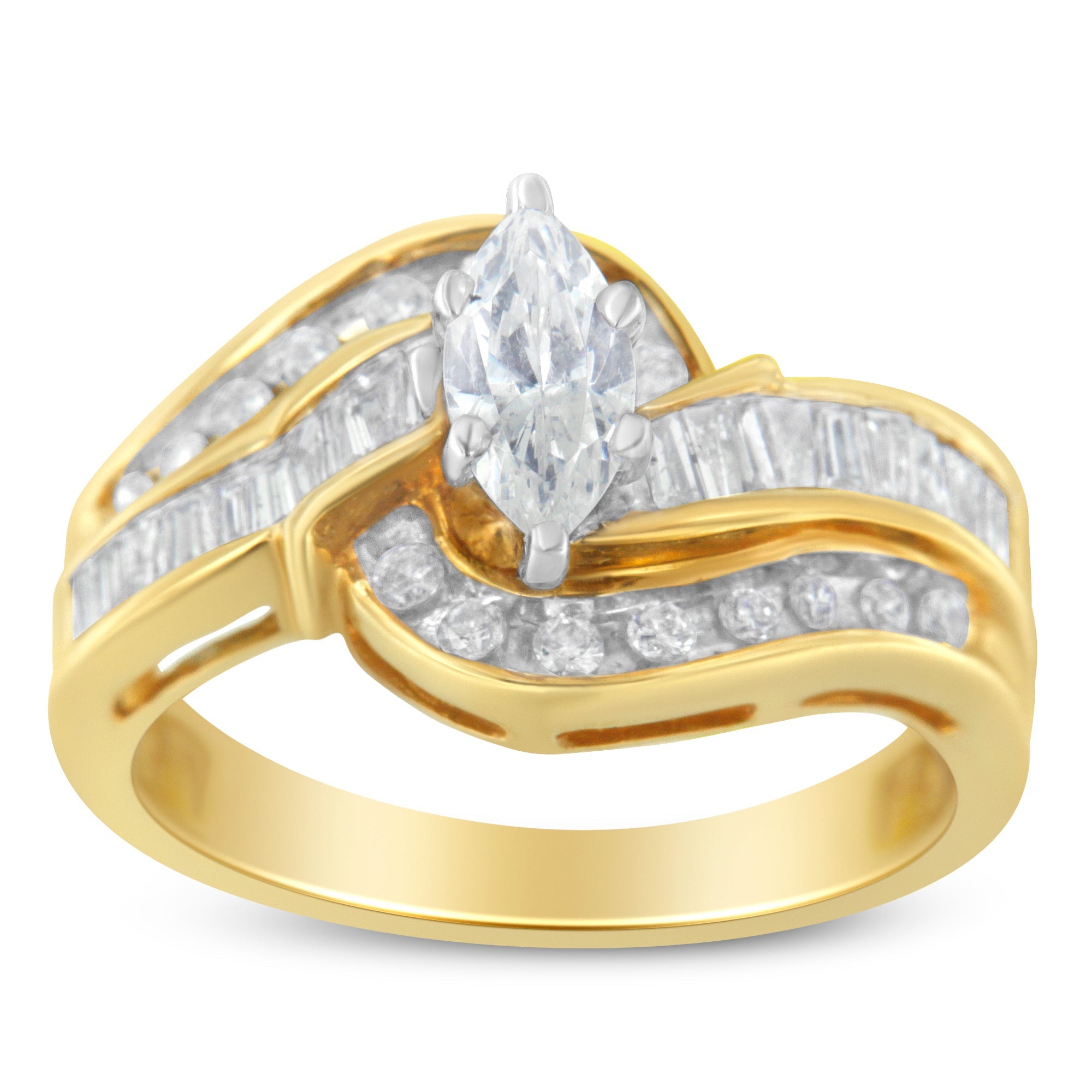 14KT Two-Toned Gold Marquise, Baguette and Round Cut Diamond Bypass Ring (1 cttw, H-I Color, SI1-SI2 Clarity) (Size 7) by Bids.com