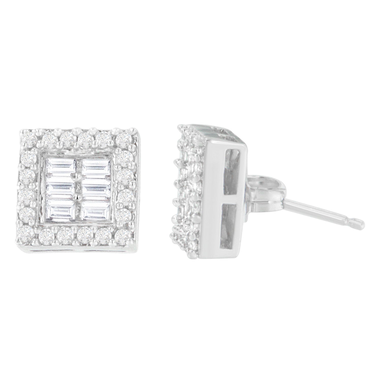 14K White Gold 1 cttw Round and Baguette Diamond Stud Earrings (H-I, SI1-SI2) by Bids.com
