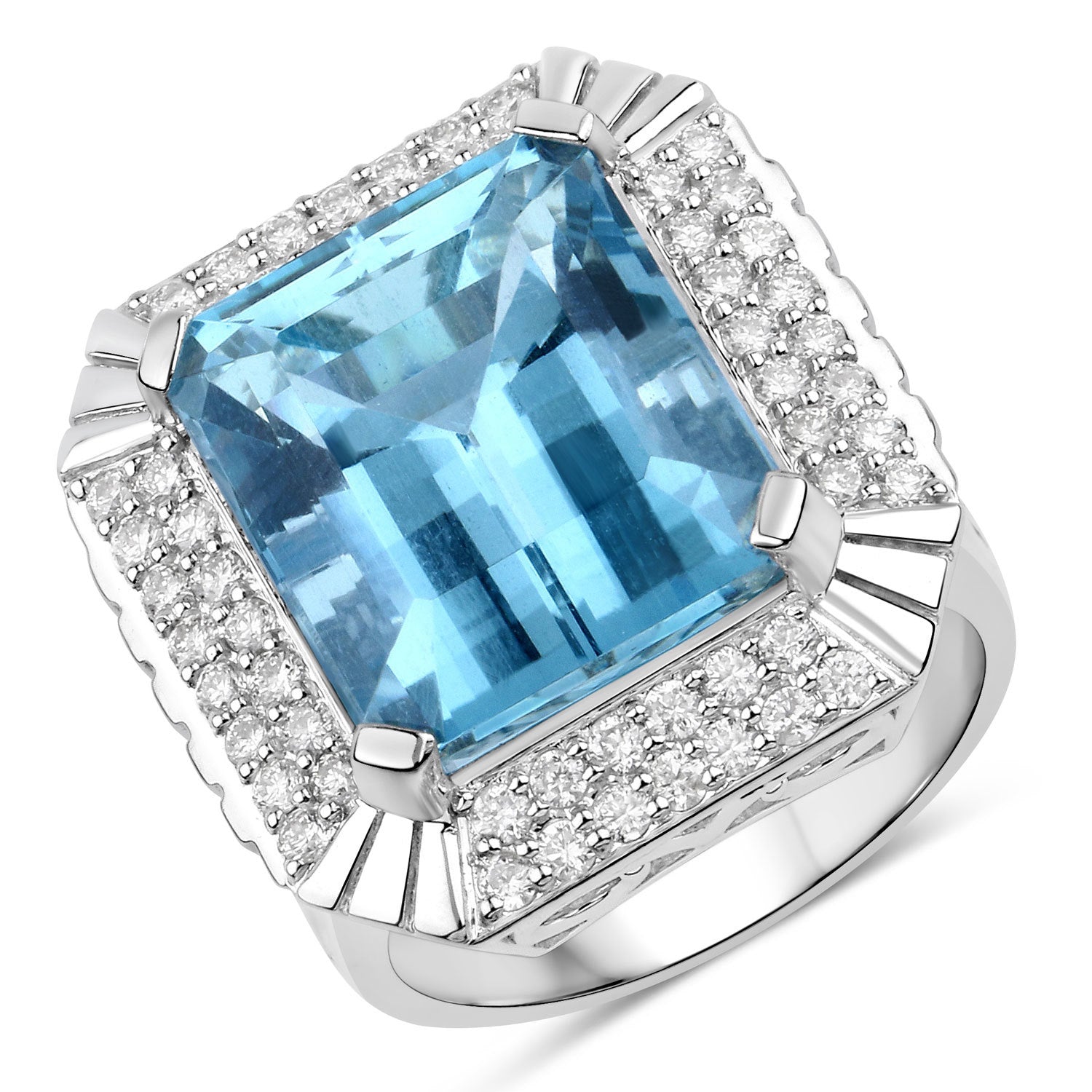 13.924 Carat Genuine Aquamarine and White Diamond 14K White Gold Ring by Bids.com