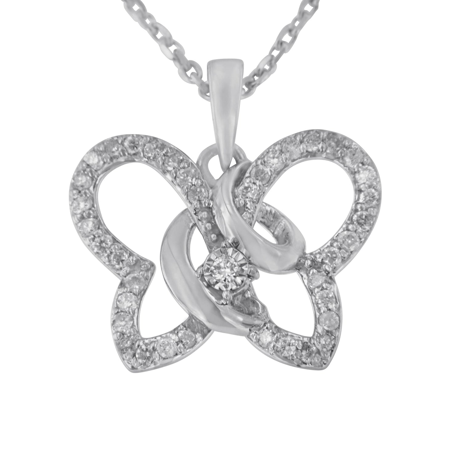 .925 Sterling Silver 1/4 cttw Prong-Set Diamond Butterfly 18" Pendant Necklace (H-I Color, I1-I2 Clarity) by Bids.com