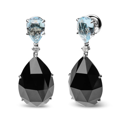 18K White Gold 1/5 Cttw Diamond with Pear Cut Sky Blue Topaz and Pear-Cut Black Onyx Gemstone Dangle Earring (G-H Color, SI1-SI2 Clarity) - DestGlow