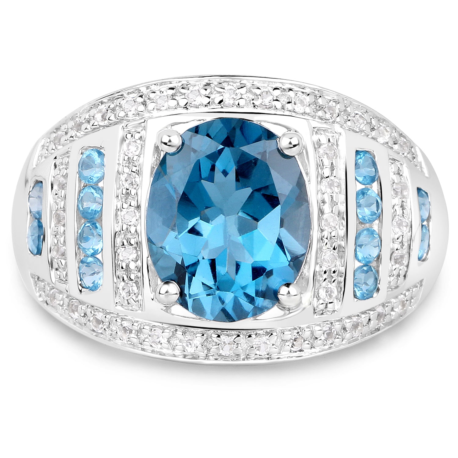 3.24 Carat Genuine London Blue Topaz and White Topaz .925 Sterling Silver Ring  DestGlow