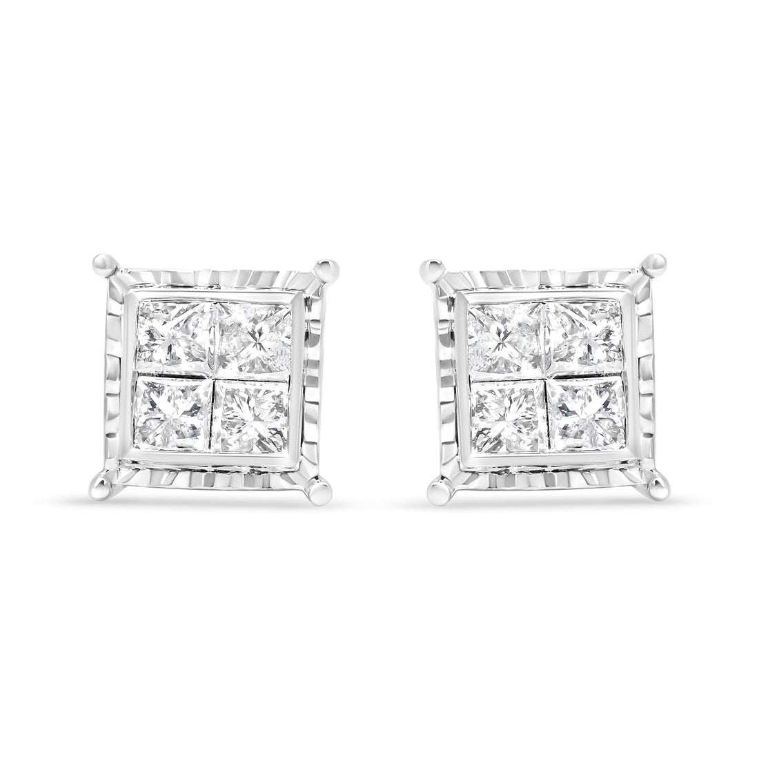 14K White Gold 1 1/2 Cttw Invisible Set Princess-Cut Diamond Contemporary Wavy Quad Stud Earrings (I-J Color, I1-I2 Clarity) by Bids.com