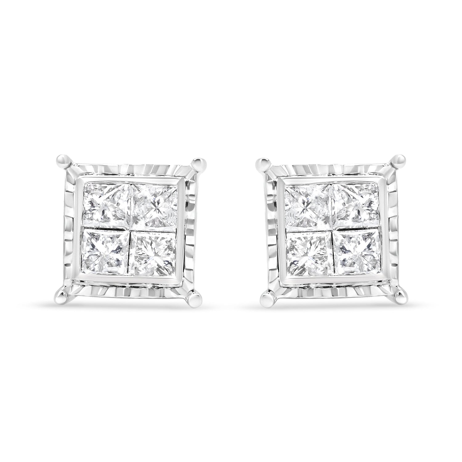 14K White Gold 1 1/2 Cttw Invisible Set Princess-Cut Diamond Contemporary Wavy Quad Stud Earrings (I-J Color, I1-I2 Clarity) by Bids.com