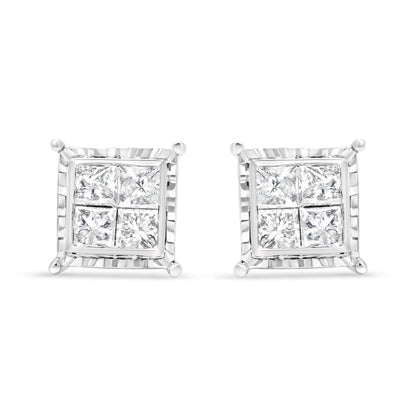 14K White Gold 1 1/2 Cttw Invisible Set Princess-Cut Diamond Contemporary Wavy Quad Stud Earrings (I-J Color, I1-I2 Clarity) by Bids.com