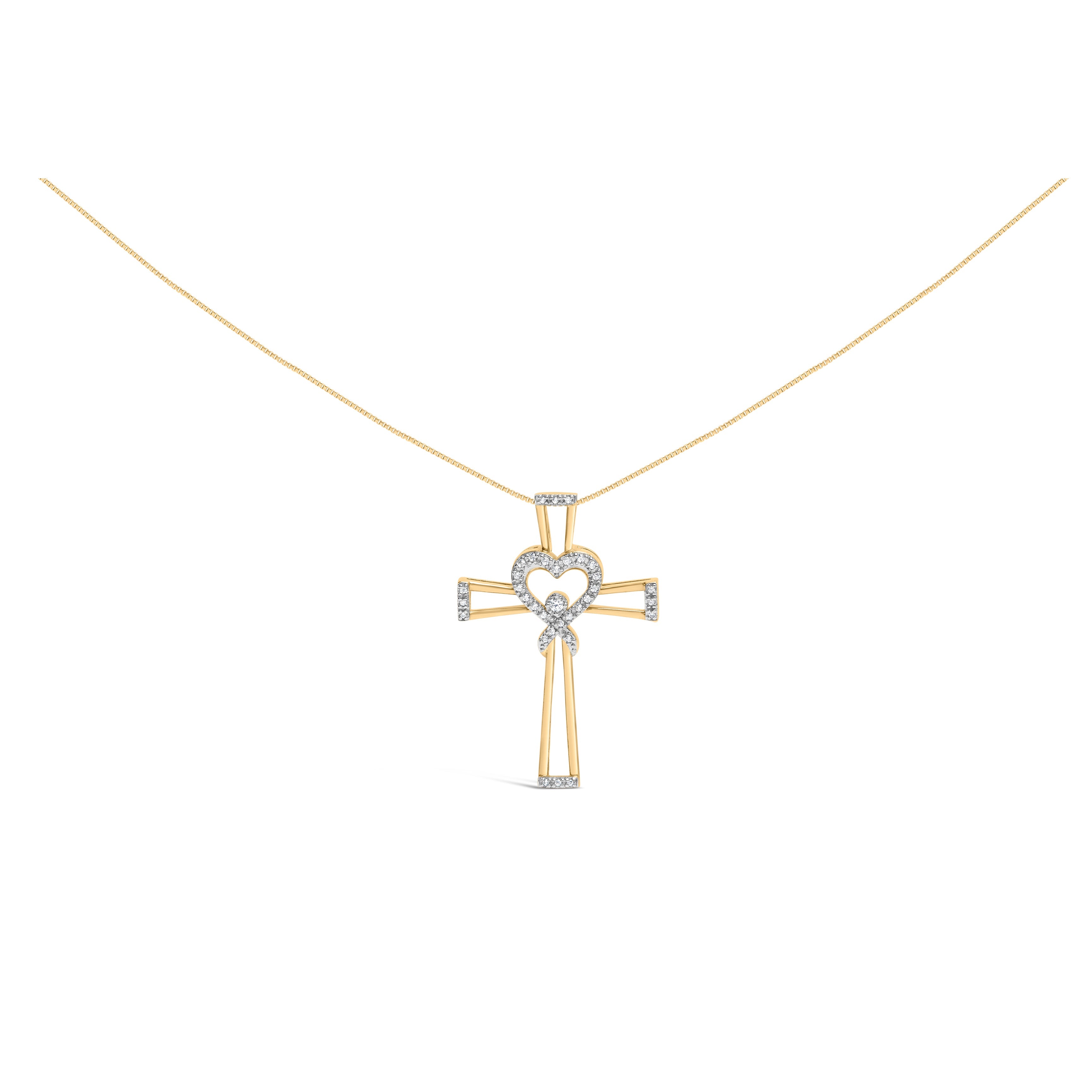 14K Yellow Gold Plated .925 Sterling Silver 1/6 Cttw Diamond Interlocking Heart and Ribbon Cross Pendant Necklace (H-I Color, I2-I3 Clarity) - 18" Inches by Bids.com
