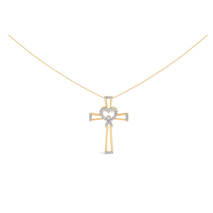 14K Yellow Gold Plated .925 Sterling Silver 1/6 Cttw Diamond Interlocking Heart and Ribbon Cross Pendant Necklace (H-I Color, I2-I3 Clarity) - 18" Inches by Bids.com