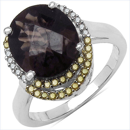 4.12 Carat Genuine Smoky Quartz and 0.28 ct.t.w Genuine Diamond Accents Sterling Silver Ring by Bids.com
